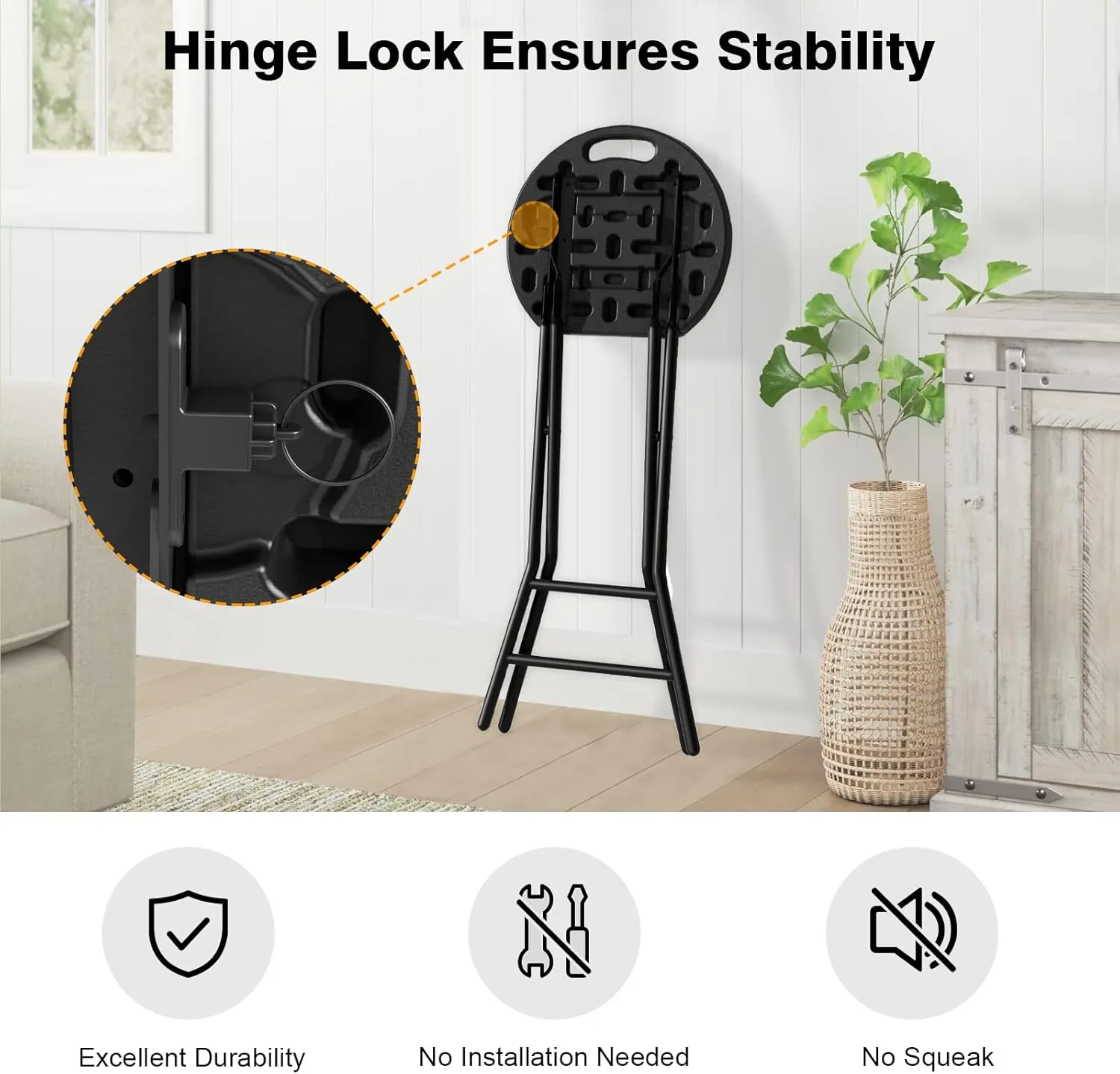 5Rcom Folding Stool, 24 inch Tall Folding Bar Stool with Safety Lock, Metal and Plastic Foldable Stool for Adults with Handle and Steel Frame Legs, 550lbs Capacity, Black