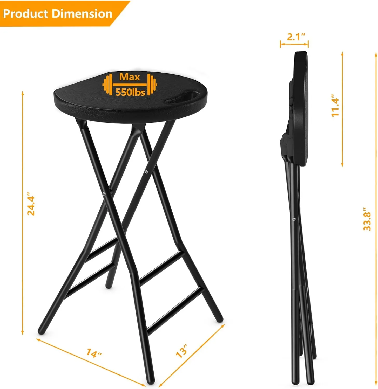 5Rcom Folding Stool,2 Pack 24 inch Tall Folding Bar Stool with Handle, Metal and Plastic Foldable Stool for Adults with Steel Frame Legs, 550lbs Capacity, Black