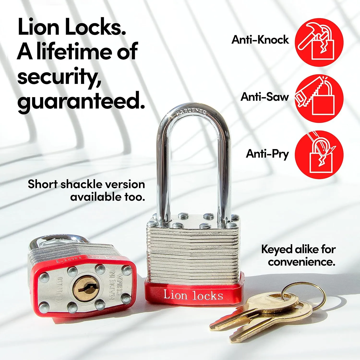 6 Keyed Alike Padlocks with 2" Long Shackle, 12 Keys - Padlocks for Outdoor Use, Locks with Keys, Hardened Steel Case, Pick Resistant Brass Pin Cylinder for Hasp Latch, Locker, Gate