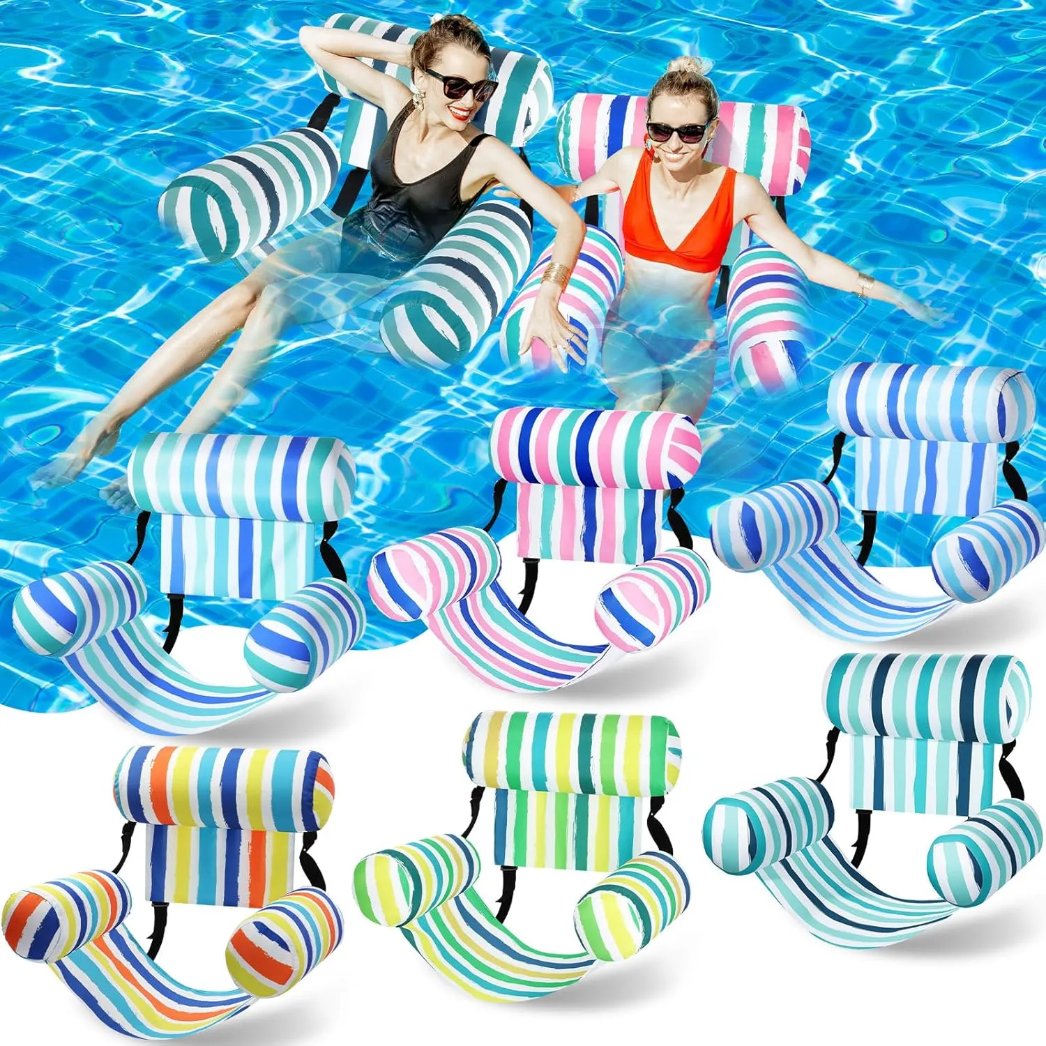 6 Pack Pool Float Chair Bulk for Adult Inflatable Fabric Covered Pool Lounge Chairs Adjustable Hammock Water Floating Chair Stripe Pattern Swimming Float for Summer Water