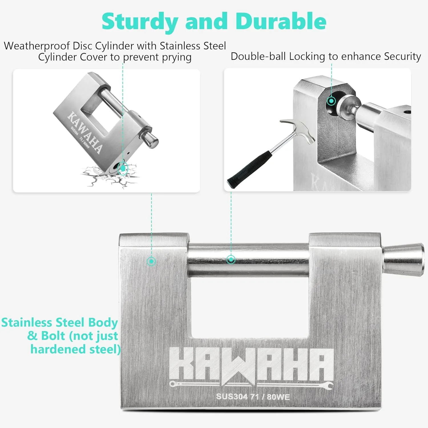 71/80-2PS Stainless Steel D-Shaped Padlock with Stainless Steel Keys for Garage Door, Containers, Shed, Locker and Warehouse (3-1/8 inch, Keyed Alike - 2 Pack)