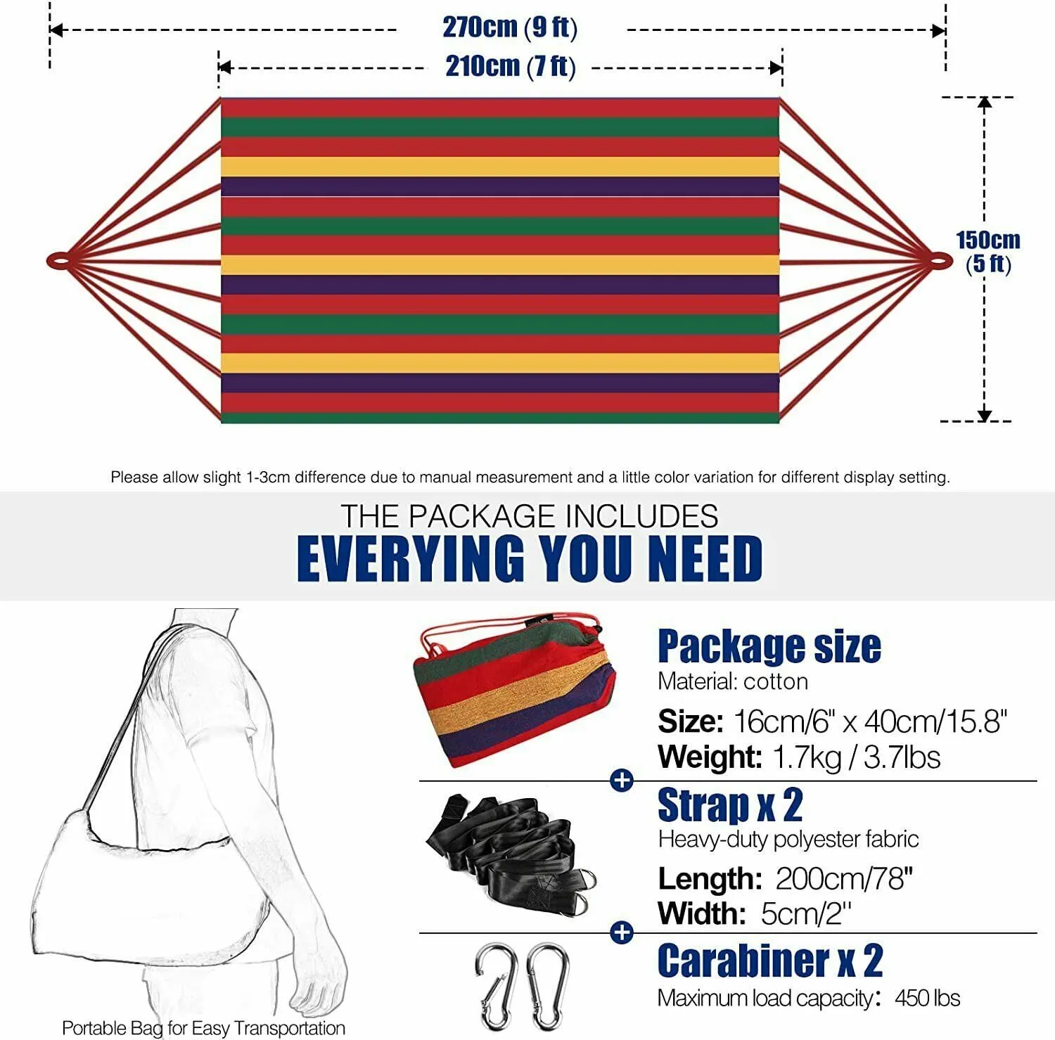 75"x59" Garden Camping Hammock Swing Bed 450lbs Capacity w/ Tree Strap Hiking Travel