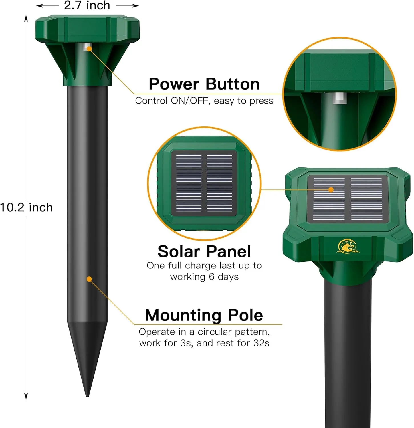 8 Pack Mole Repellent Solar Powered, IP65 Waterproof Gopher Chipmunk Repeller Outdoor, Groundhog Snake Repellent for Yard, Sonic Mole and Vole Deterrent Spikes, Effective Lawn and Garden Protection