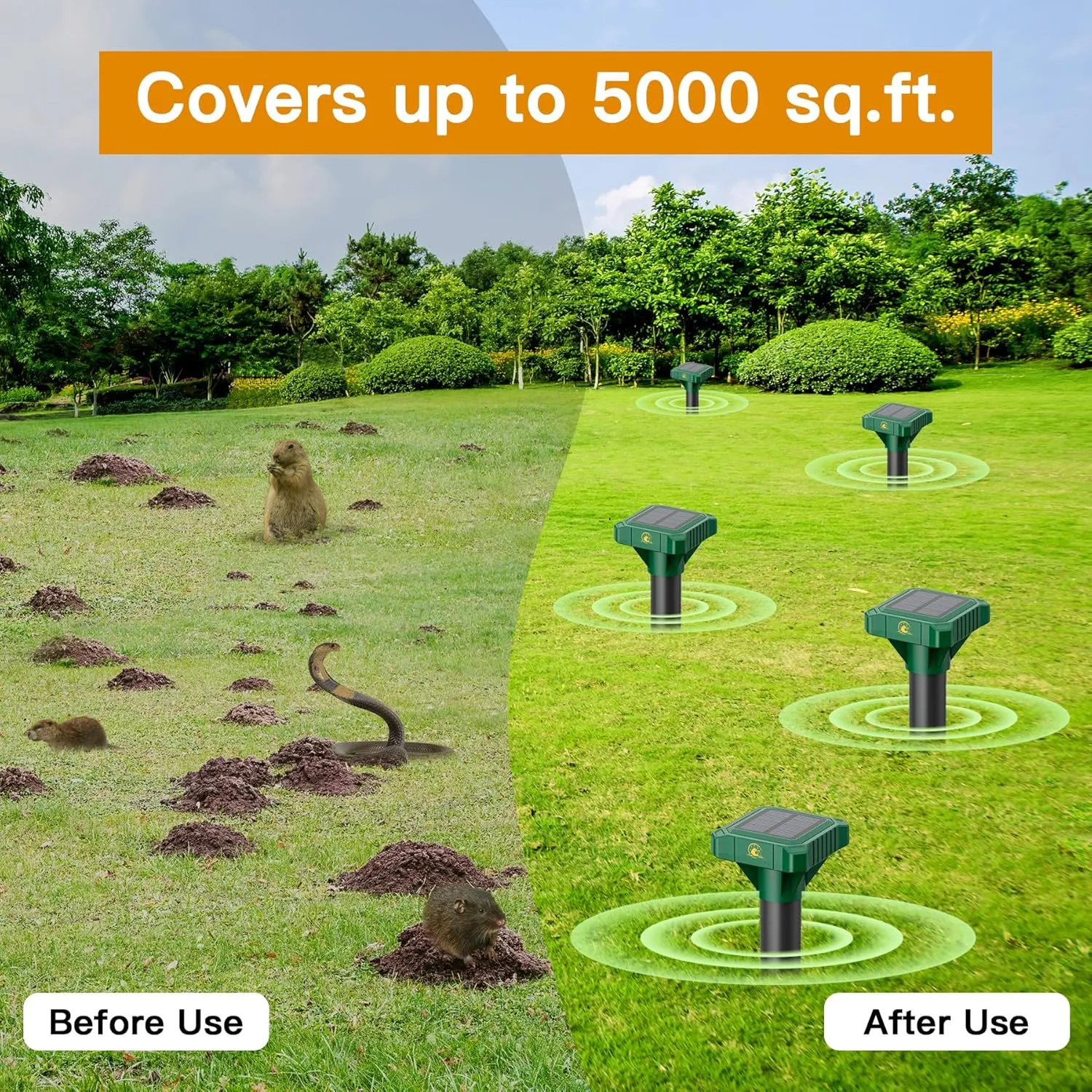 8 Pack Mole Repellent Solar Powered, IP65 Waterproof Gopher Chipmunk Repeller Outdoor, Groundhog Snake Repellent for Yard, Sonic Mole and Vole Deterrent Spikes, Effective Lawn and Garden Protection