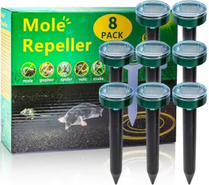 8PK Mole Repellent for lawns Gopher Repellent Ultrasonic Solar Powered Snake Repellent Deterrent Mole Repeller Vole Repellent Outdoor Lawns Garden Yard All Pests Sonic Spikes Stakes Chaser (8, Green)