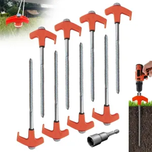 8" Screw in Tent Stakes - Ground Anchors Screw in, 2024 Upgraded Drillable Tent Stakes, Heavy Duty Metal Stake Ground Anchor Peg Threaded Tent Spikes with 1 Hex Head Driver