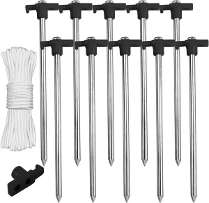 ABCCANOPY 11 Inch Tent Stakes 10 Pcs Non-Rust Metal Ground Anchors, Heavy Duty Spikes with 4 Ropes for Outdoor Camping, Black