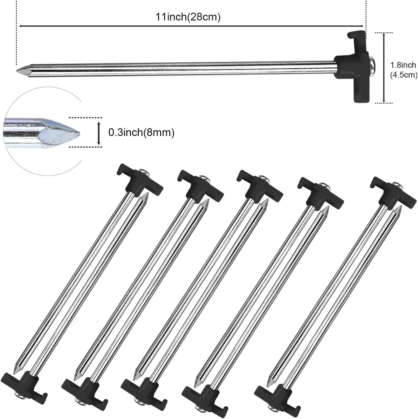 ABCCANOPY 11 Inch Tent Stakes 10 Pcs Non-Rust Metal Ground Anchors, Heavy Duty Spikes with 4 Ropes for Outdoor Camping, Black