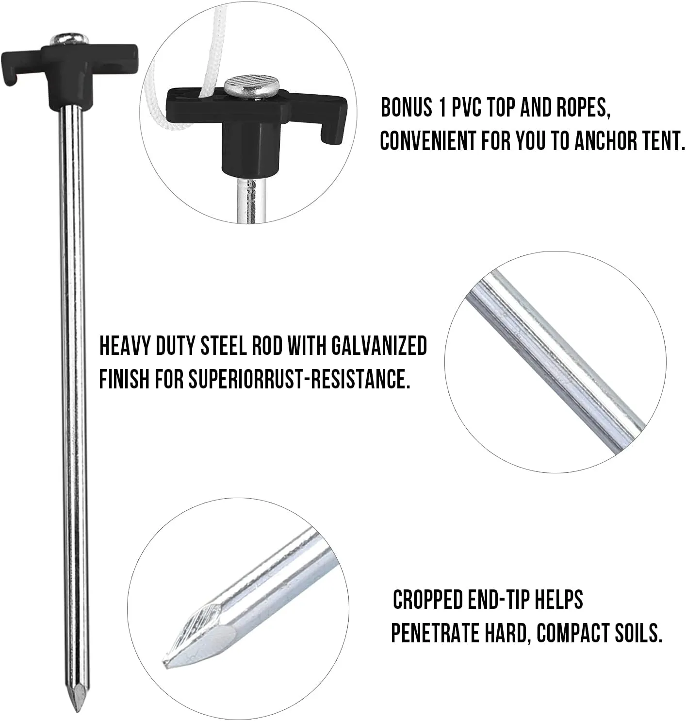 ABCCANOPY 11 Inch Tent Stakes 10 Pcs Non-Rust Metal Ground Anchors, Heavy Duty Spikes with 4 Ropes for Outdoor Camping, Black