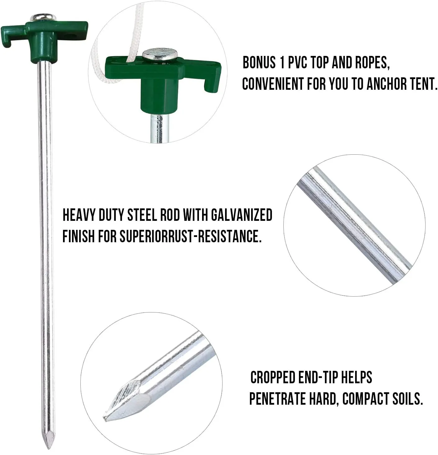 ABCCANOPY 11 Inch Tent Stakes 10 Pcs Non-Rust Metal Ground Anchors, Heavy Duty Spikes with 4 Ropes for Outdoor Camping, Green