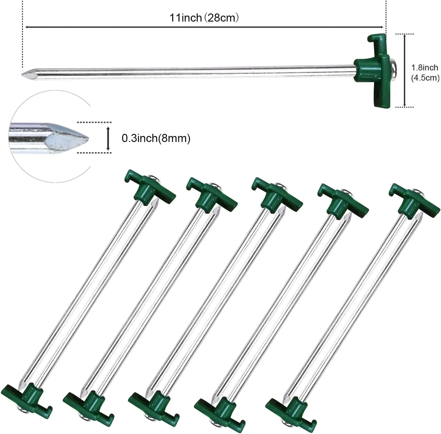 ABCCANOPY 11 Inch Tent Stakes 10 Pcs Non-Rust Metal Ground Anchors, Heavy Duty Spikes with 4 Ropes for Outdoor Camping, Green