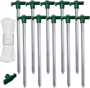 ABCCANOPY 11 Inch Tent Stakes 10 Pcs Non-Rust Metal Ground Anchors, Heavy Duty Spikes with 4 Ropes for Outdoor Camping, Green