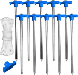 ABCCANOPY 15 Inch Tent Stakes 10 Pcs Non-Rust Metal Ground Anchors, Heavy Duty Spikes with 4 Ropes for Outdoor Camping, Blue