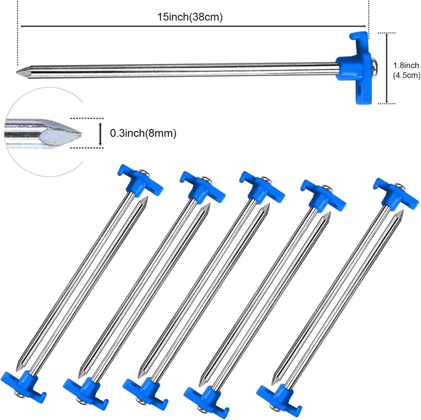 ABCCANOPY 15 Inch Tent Stakes 10 Pcs Non-Rust Metal Ground Anchors, Heavy Duty Spikes with 4 Ropes for Outdoor Camping, Blue