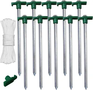 ABCCANOPY 15 Inch Tent Stakes 10 Pcs Non-Rust Metal Ground Anchors, Heavy Duty Spikes with 4 Ropes for Outdoor Camping, Green