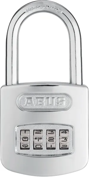 ABUS 160/50HB50 Weatherproof Resettable Chrome Combination Padlock, 4 Dial, with 2" Long Shackle