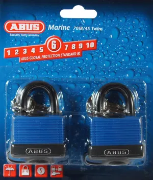 ABUS 70IB/45 KA Solid Brass Weatherproof Padlock Keyed Alike, Blue, Pack of KA x 2