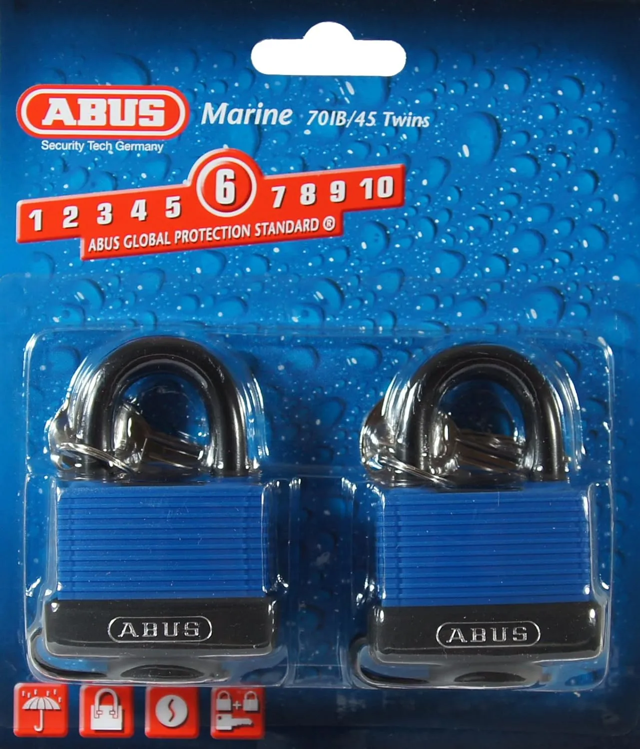 ABUS 70IB/45 KA Solid Brass Weatherproof Padlock Keyed Alike, Blue, Pack of KA x 2