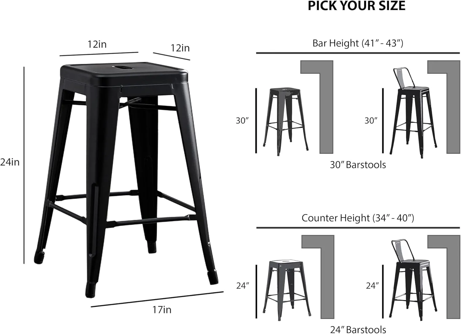 AC Pacific 24” Metal Backless Barstool Set of 2 – Country Rustic Style, Lightweight & Sturdy Build, Easy Assembly – Matte Black Finish
