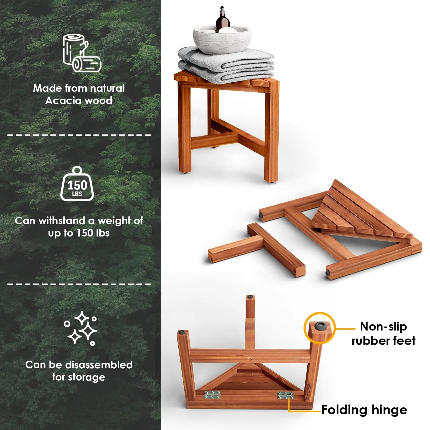 Acacia Wood Corner Shower Stool - Multi-Functional Foot Rest for Shaving and Grooming