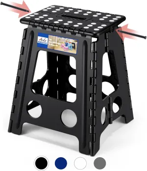 ACKO Folding Step Stool Foldable 16 Inch 400 lbs Capacity, Plastic Stools for Adults and Kids, Collapsible Stools for Kitchen, Stepping Stool with Handle, Black, 1 PC