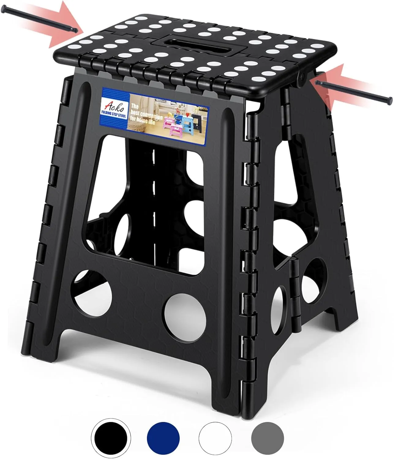 ACKO Folding Step Stool Foldable 16 Inch 400 lbs Capacity, Plastic Stools for Adults and Kids, Collapsible Stools for Kitchen, Stepping Stool with Handle, Black, 1 PC