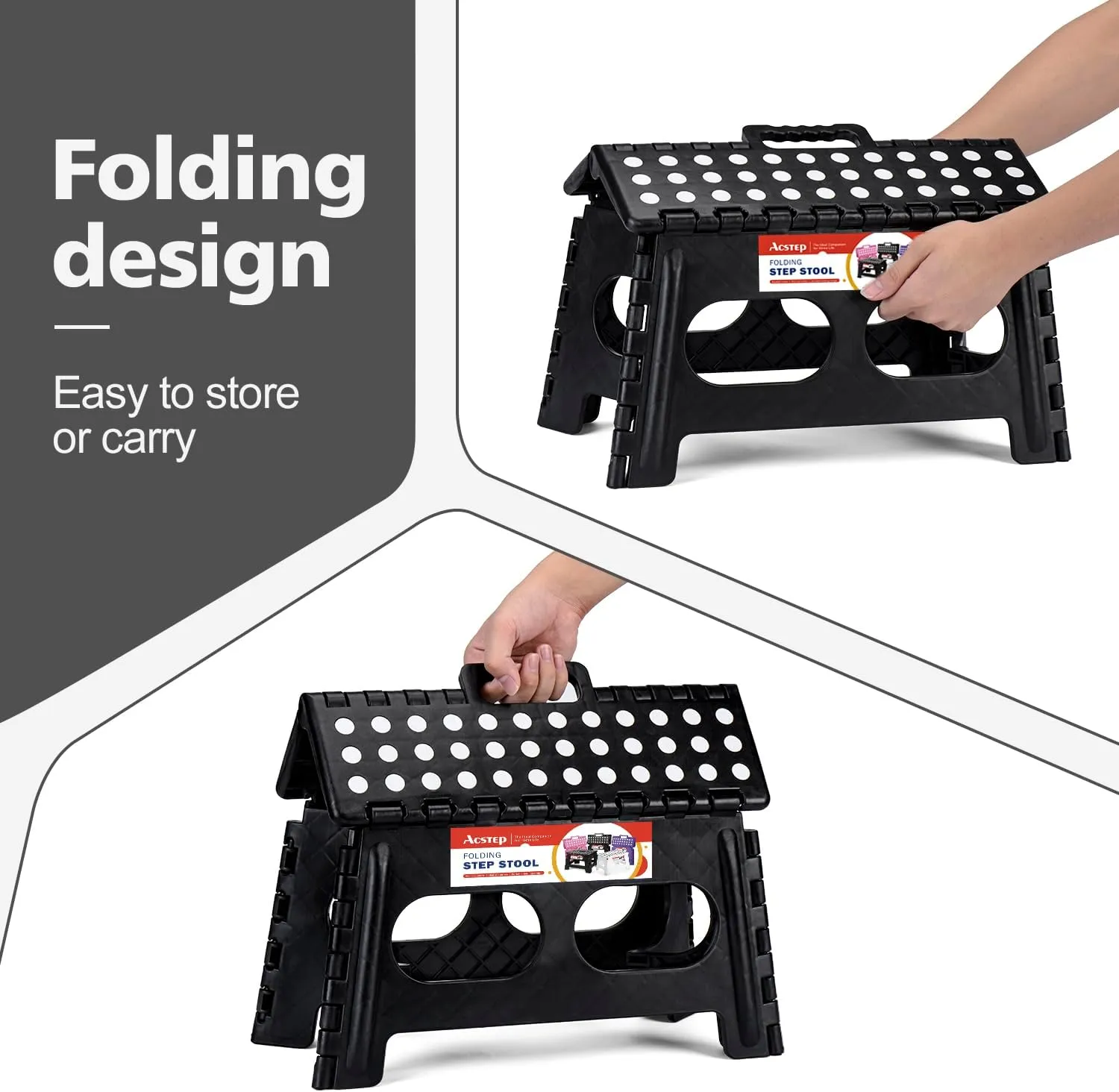 ACSTEP Folding Step Stool,15-Inch Extra Wide 9Inch Height Heavy Duty Stepping Stool More Safe and Comfortable Non Slip Foldable Step Stool for Kids and Adults Black