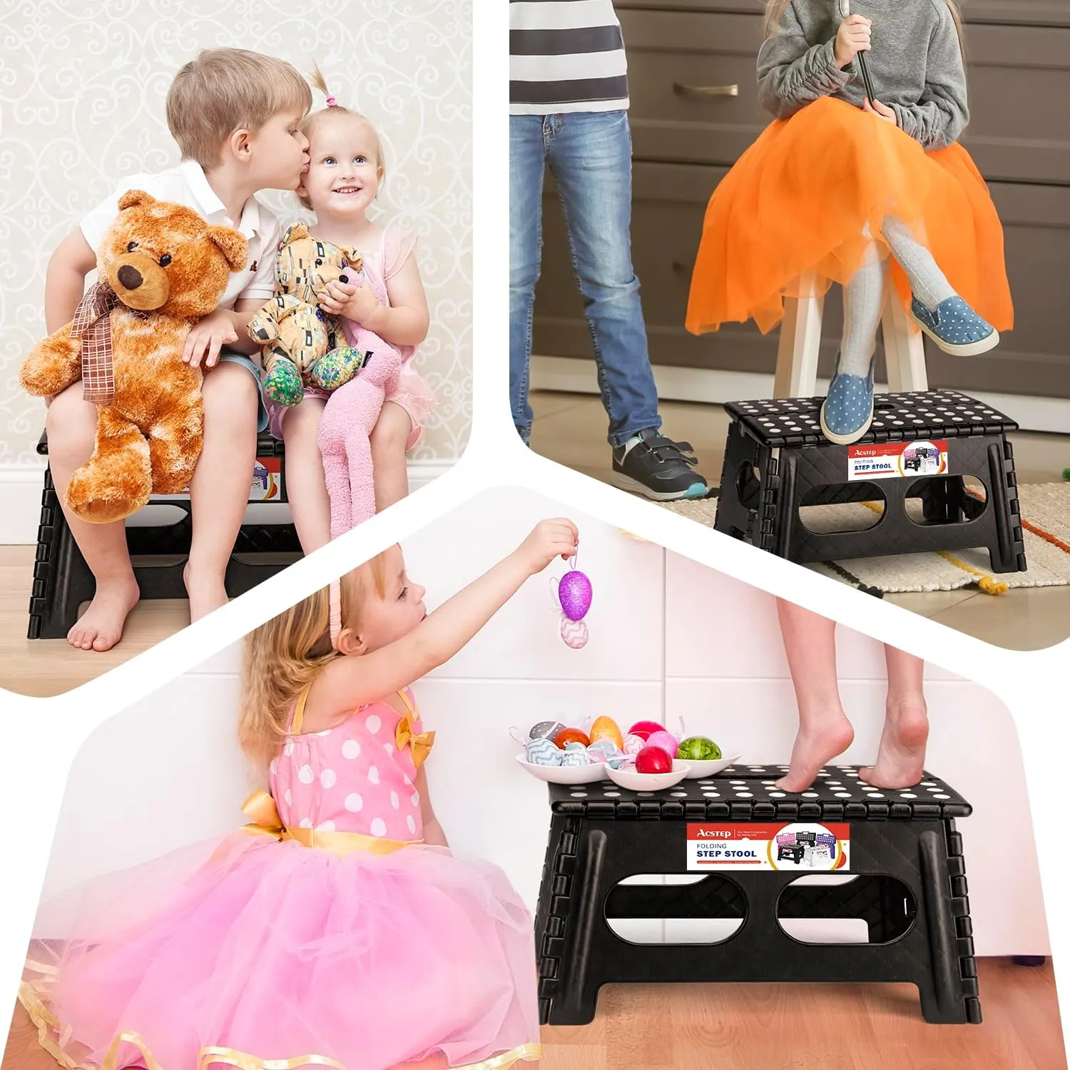 ACSTEP Folding Step Stool,15-Inch Extra Wide 9Inch Height Heavy Duty Stepping Stool More Safe and Comfortable Non Slip Foldable Step Stool for Kids and Adults Black