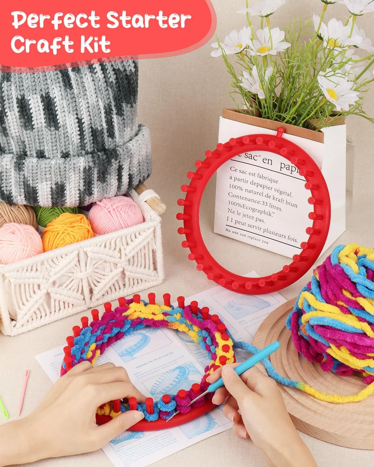 Aeelike 2 Pcs Round Knitting Looms Set, 31 Pegs Knitting Loom Simple for Beginner, 19 cm Diameter Plastic Loom Knitting, Small Round Loom Knitting Set for Home DIY, Teaching, Learning