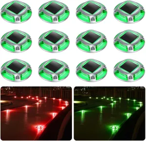 AGPTEK Solar Driveway Lights Outdoor 12 Pack, 2 Color Modes LED Deck Dock Marine Waterproof Security Marker Lights for Step Sidewalk Stair Garden Pathway Walkway Yard(Green/Red)