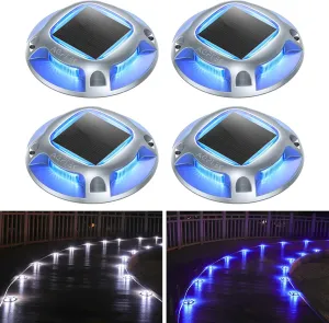 AGPTEK Solar Driveway Lights Outdoor 4 Pack, 2 Color Modes LED Deck Dock Marine Waterproof Security Marker Lights for Step Sidewalk Stair Garden Pathway Walkway Yard(Blue Light/Cool White)