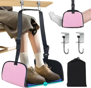 Airplane Foot Hammock, Airplane Footrest Office with 2 Hooks Long Flight Hammock Memory Foam Travel Footrest Plane Foot Sling Under Desk at Work Gaming Travel Essentials, Pink