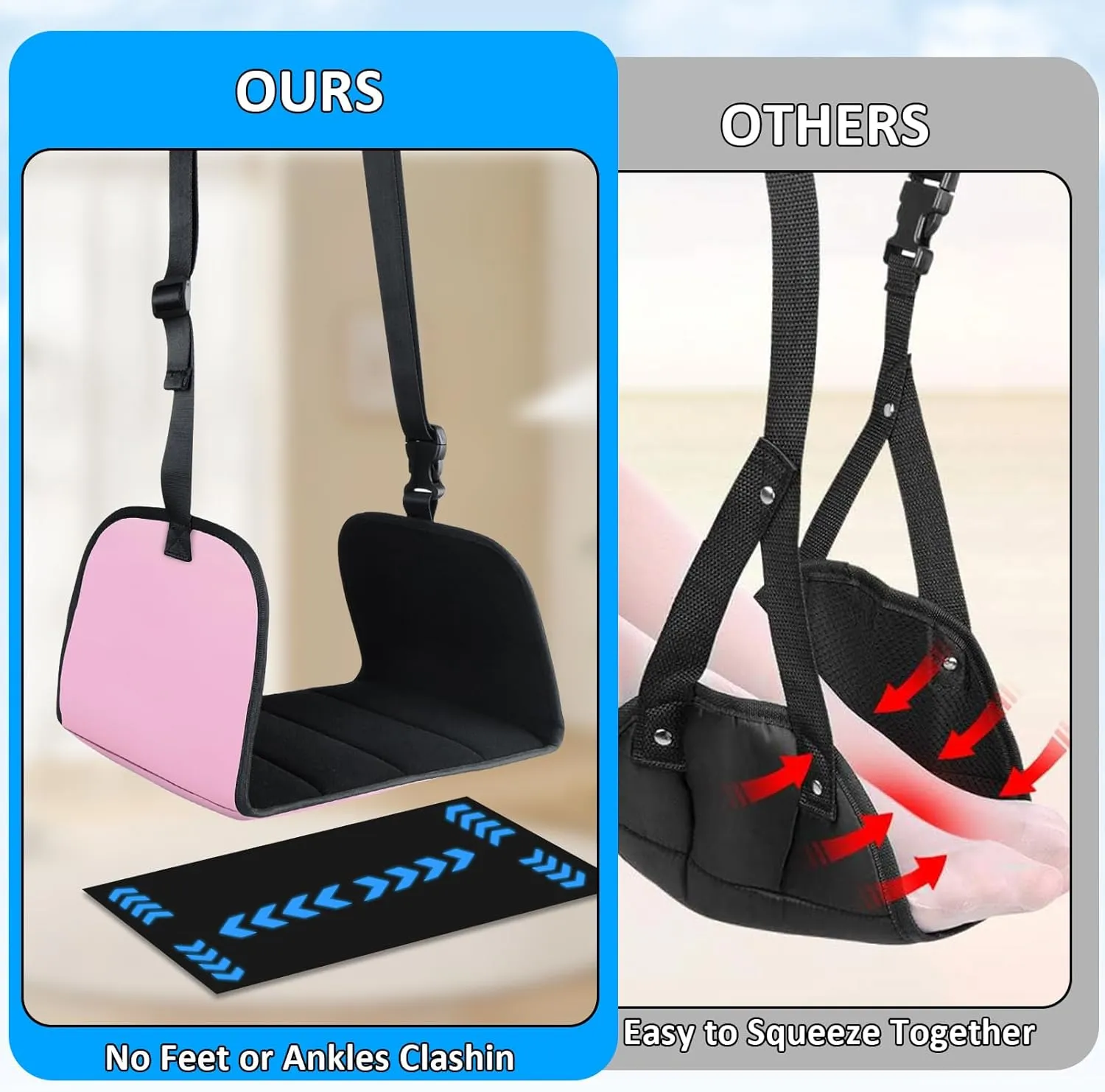 Airplane Foot Hammock, Airplane Footrest Office with 2 Hooks Long Flight Hammock Memory Foam Travel Footrest Plane Foot Sling Under Desk at Work Gaming Travel Essentials, Pink