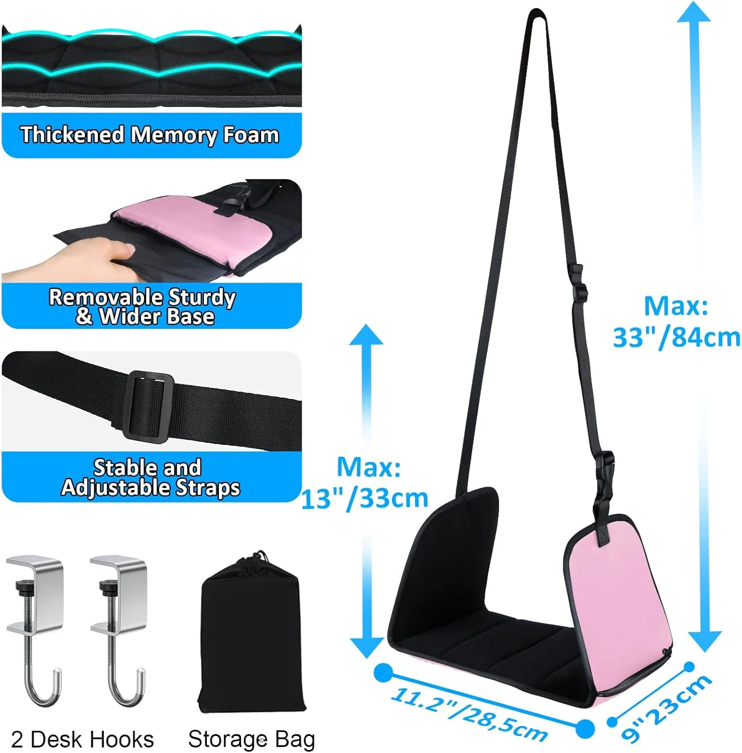 Airplane Foot Hammock, Airplane Footrest Office with 2 Hooks Long Flight Hammock Memory Foam Travel Footrest Plane Foot Sling Under Desk at Work Gaming Travel Essentials, Pink