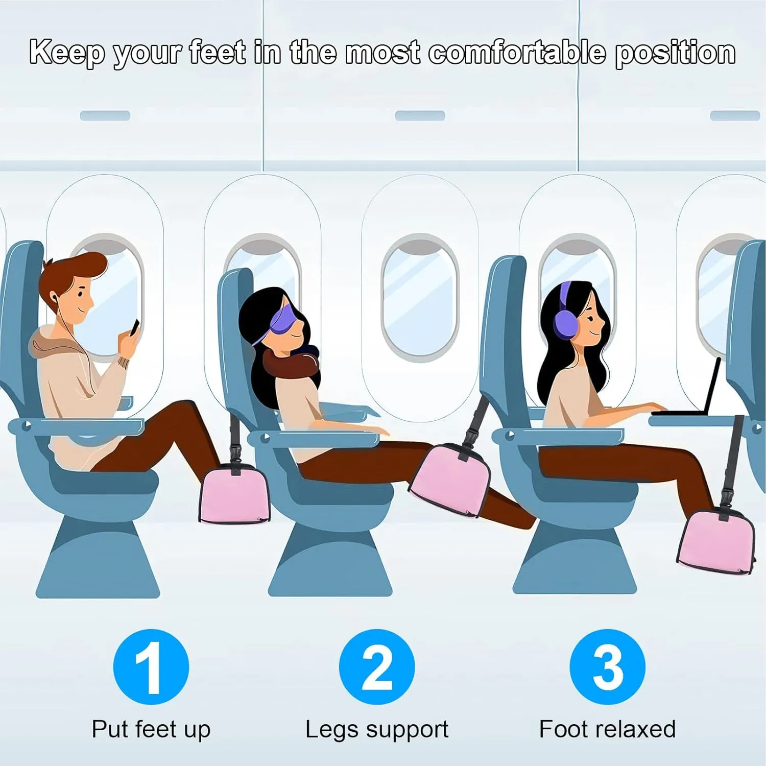 Airplane Foot Hammock, Airplane Footrest Office with 2 Hooks Long Flight Hammock Memory Foam Travel Footrest Plane Foot Sling Under Desk at Work Gaming Travel Essentials, Pink