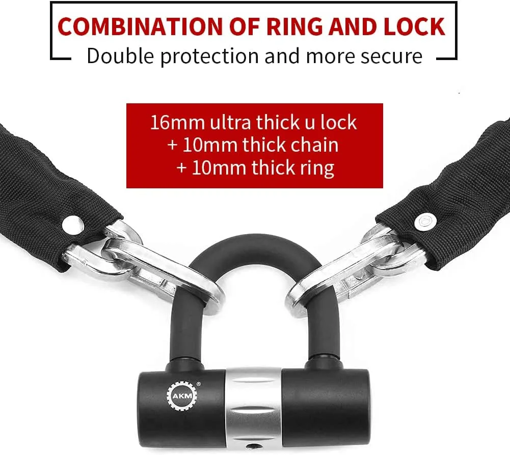 AKM Motorcycle Chain Lock 160cm/5.3ft Heavy Duty Bike Chain Lock Anti-Theft Durable 10mm Thick Ring Security Bicycle Chain Lock with 4Keys 16mm U Lock for Moped,Scooter,Motorcycles
