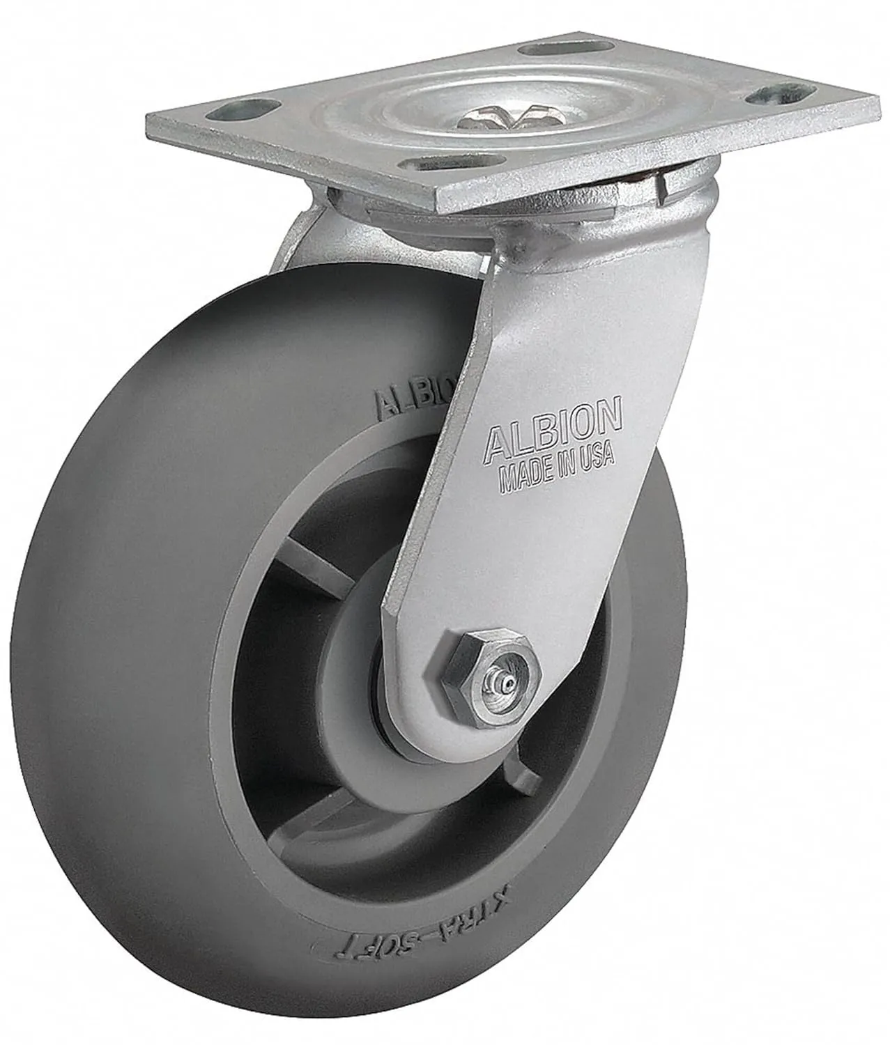 Albion 16XR06201S 6" Diameter X-tra Soft Rubber Wheel Medium Heavy Duty Swivel Caster, Roller Bearing, 2" Round Tread Width, 4-1/2" Length x 4" Width Base Plate, 600 lb. Capacity Range