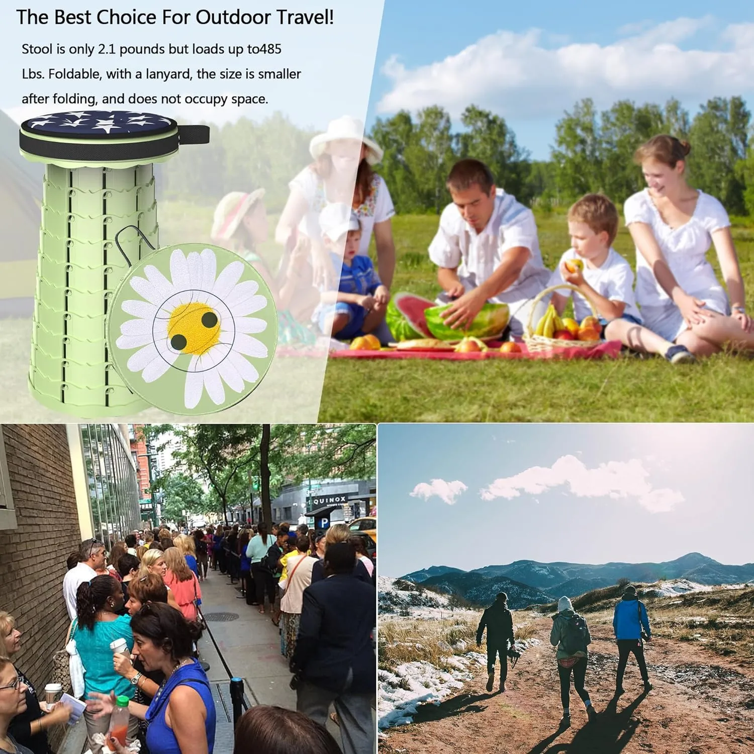ALEVMOOM Upgraded Telescoping Collapsible Stool with Cushion, Folding Stool with Printing Portable Retractable Foldable Seat Max Load 550lbs for Adults Camping Fishing Outdoor (Daisy)
