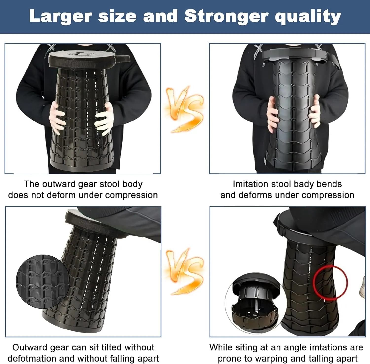 ALEVMOOM XXL Telescoping Stool with Cushion,Taller 50cm Wider 30cm Collapsible More Sturdy Capacity 1000Ib,Portable Camping Adjustable Stool for Garden Fishing Hiking Mountain BBQ (Large Black)