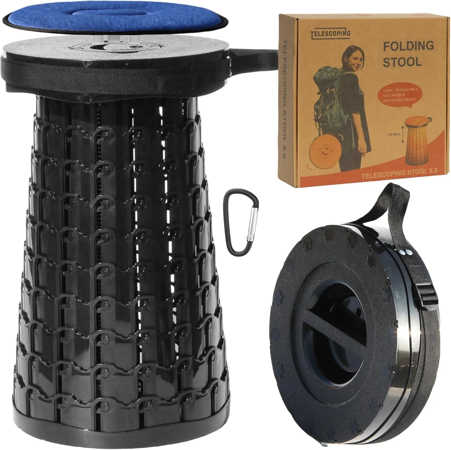 ALEVMOOM XXL Telescoping Stool with Cushion,Taller 50cm Wider 30cm Collapsible More Sturdy Capacity 1000Ib,Portable Camping Adjustable Stool for Garden Fishing Hiking Mountain BBQ (Large Black)