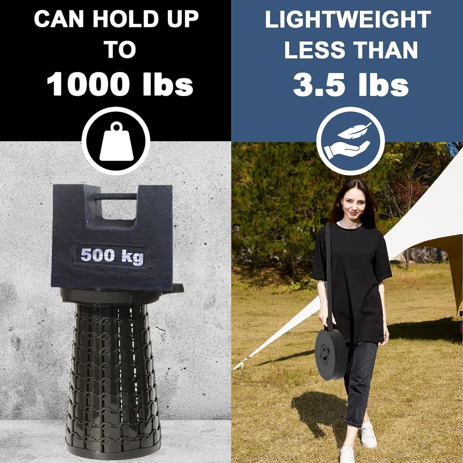 ALEVMOOM XXL Telescoping Stool with Cushion,Taller 50cm Wider 30cm Collapsible More Sturdy Capacity 1000Ib,Portable Camping Adjustable Stool for Garden Fishing Hiking Mountain BBQ (Large Black)