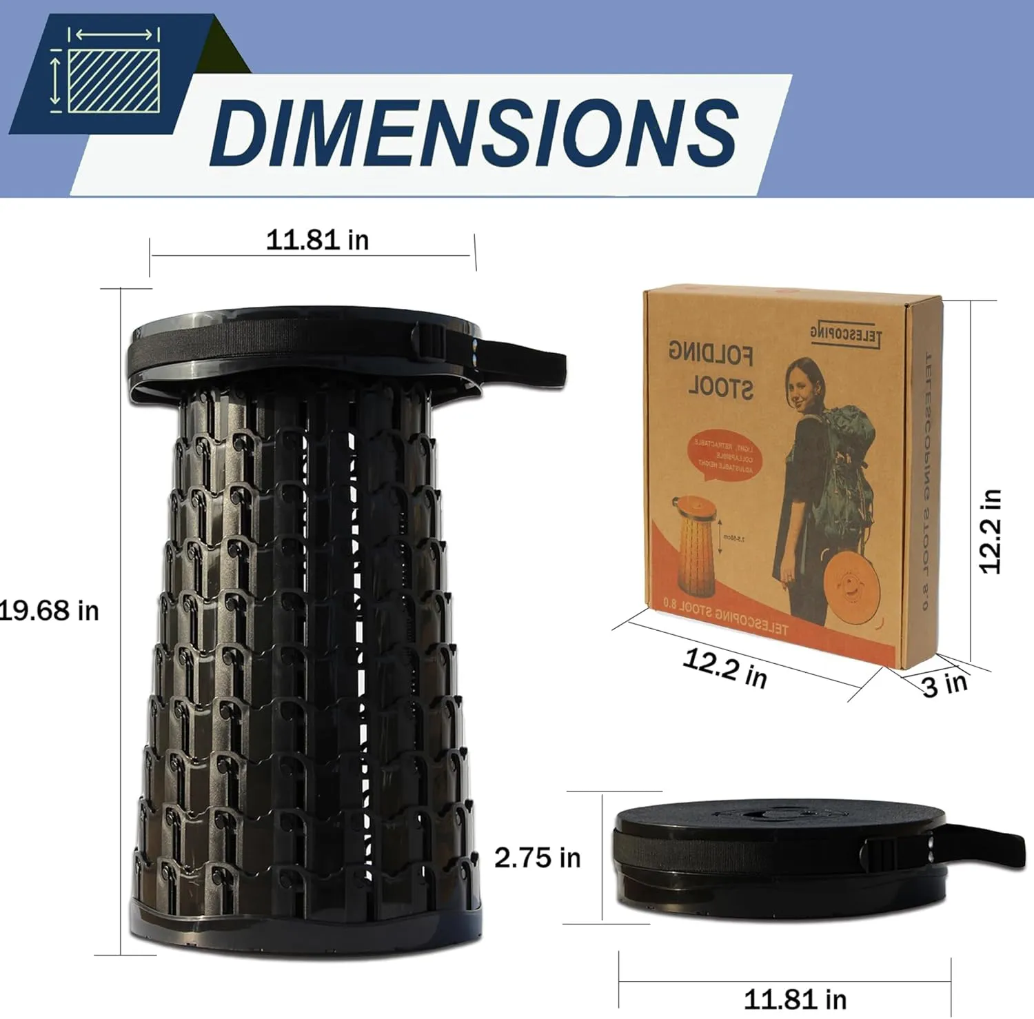 ALEVMOOM XXL Telescoping Stool with Cushion,Taller 50cm Wider 30cm Collapsible More Sturdy Capacity 1000Ib,Portable Camping Adjustable Stool for Garden Fishing Hiking Mountain BBQ (Large Black)