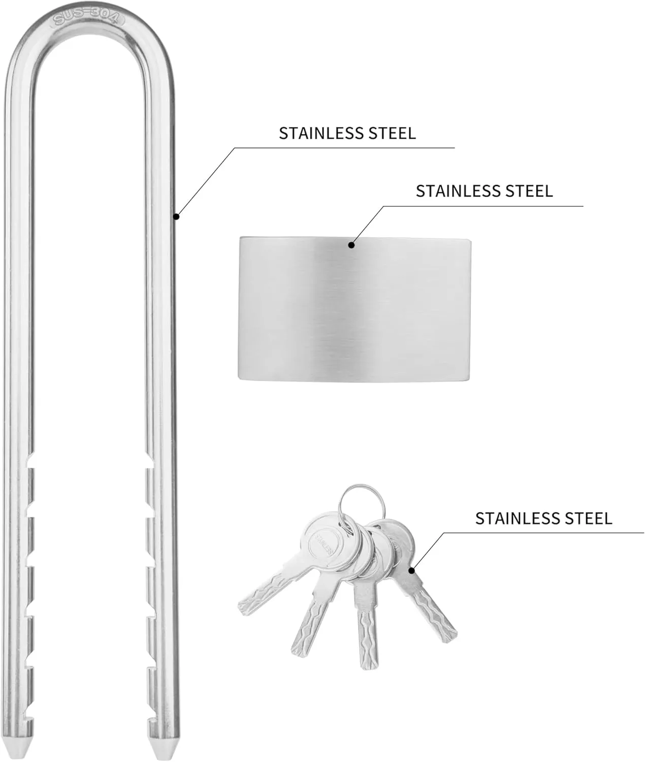 All Weather Stainless Steel 2-Pack Keyed Alike Bike U Locks, Outdoor Pad Locks with 8 Keys, 2.76 in. (70mm) Wide, Adjustabl Shackle Marine Padlocks for Bike,Boat,Gate,Cabinet,Scooter,etc.
