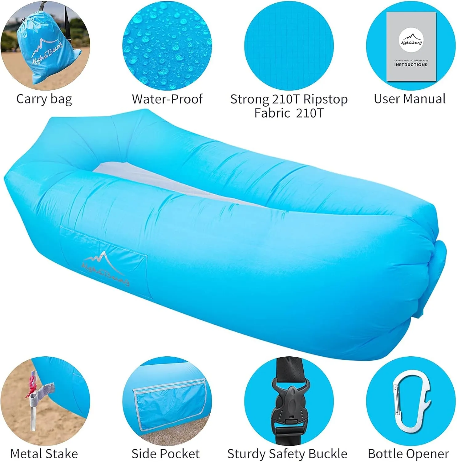 AlphaBeing Inflatable Lounger Air Sofa, Portable Inflatable Couch Mesh Hollow Air Hammock Anti Leakage Air Chair for Outdoor Camping Beach Traveling