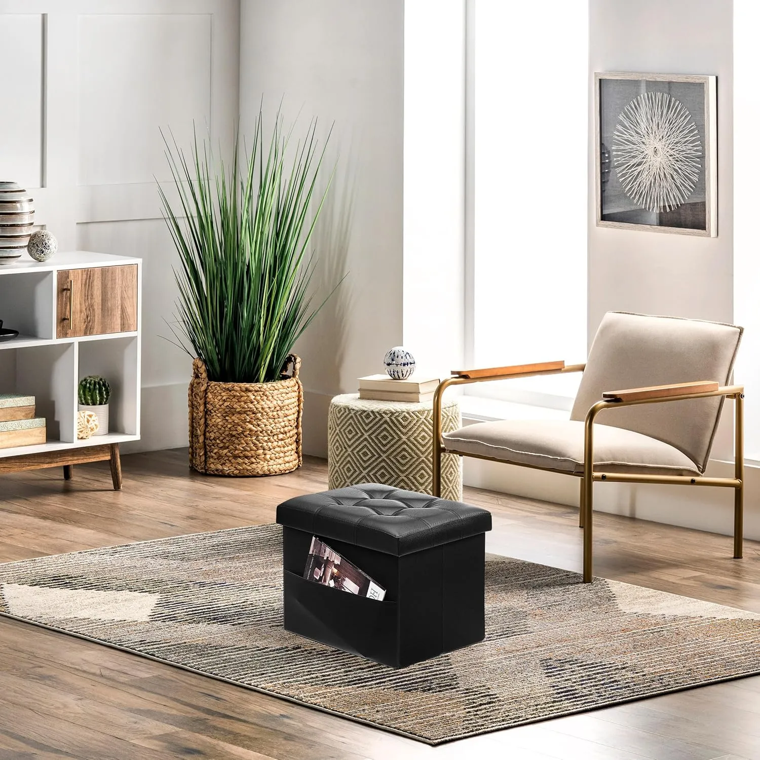 AmasSmile 2PC Storage Ottoman Folding Foot Rest Stool with Side Pocket, 16 inch Leather Footstool Bench, Short Ottoman Bench, Storage Foot Rest Store, Books, Black