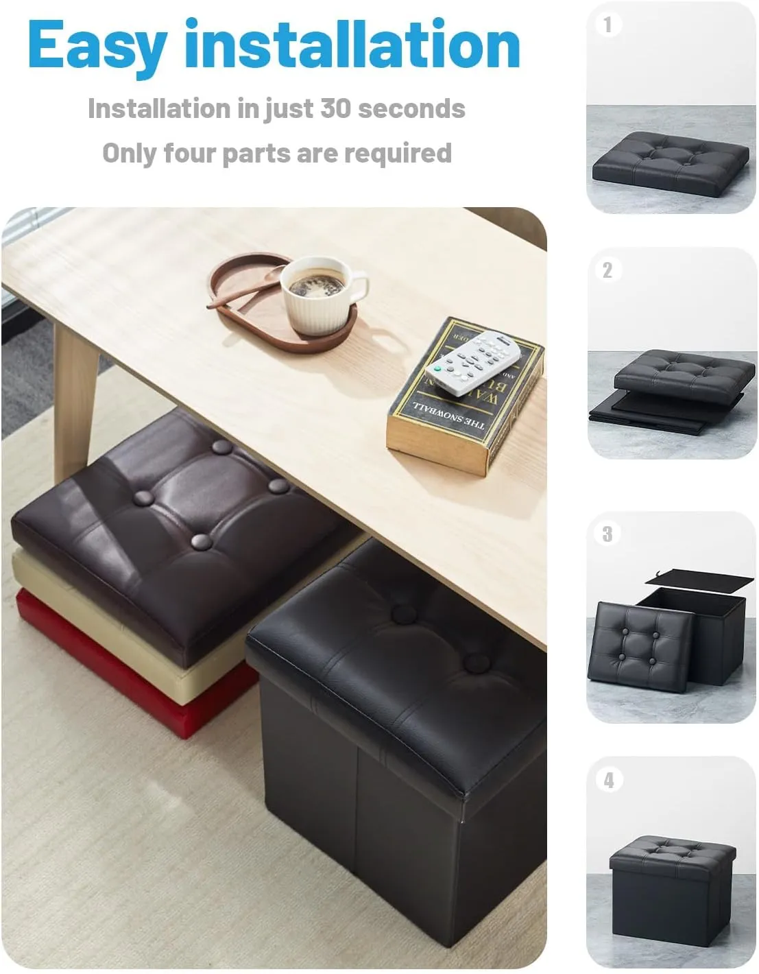 AmasSmile 2PC Storage Ottoman Folding Foot Rest Stool with Side Pocket, 16 inch Leather Footstool Bench, Short Ottoman Bench, Storage Foot Rest Store, Books, Black