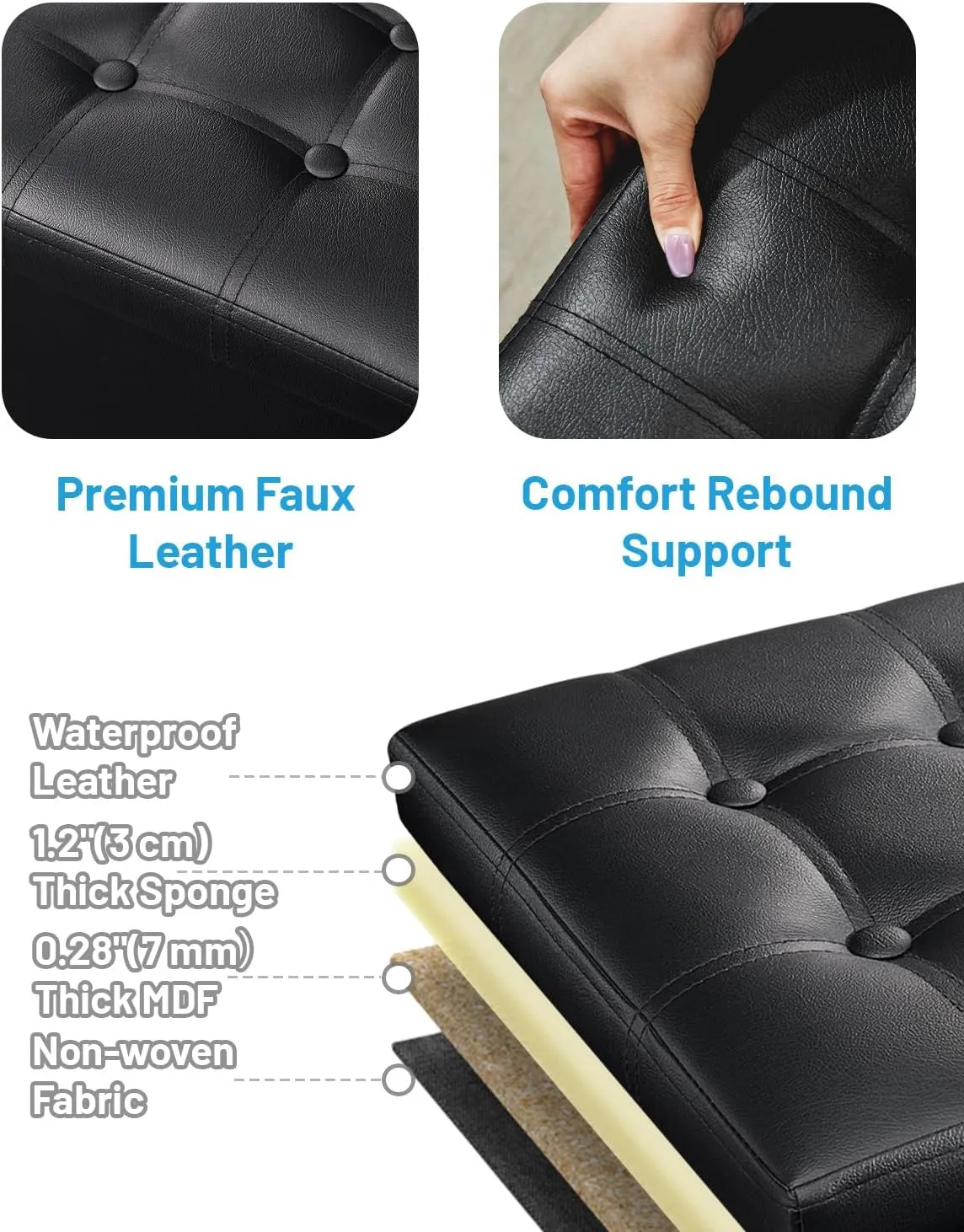 AmasSmile 2PC Storage Ottoman Folding Foot Rest Stool with Side Pocket, 16 inch Leather Footstool Bench, Short Ottoman Bench, Storage Foot Rest Store, Books, Black
