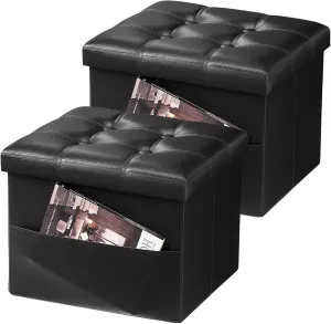 AmasSmile 2PC Storage Ottoman Folding Foot Rest Stool with Side Pocket, 16 inch Leather Footstool Bench, Short Ottoman Bench, Storage Foot Rest Store, Books, Black