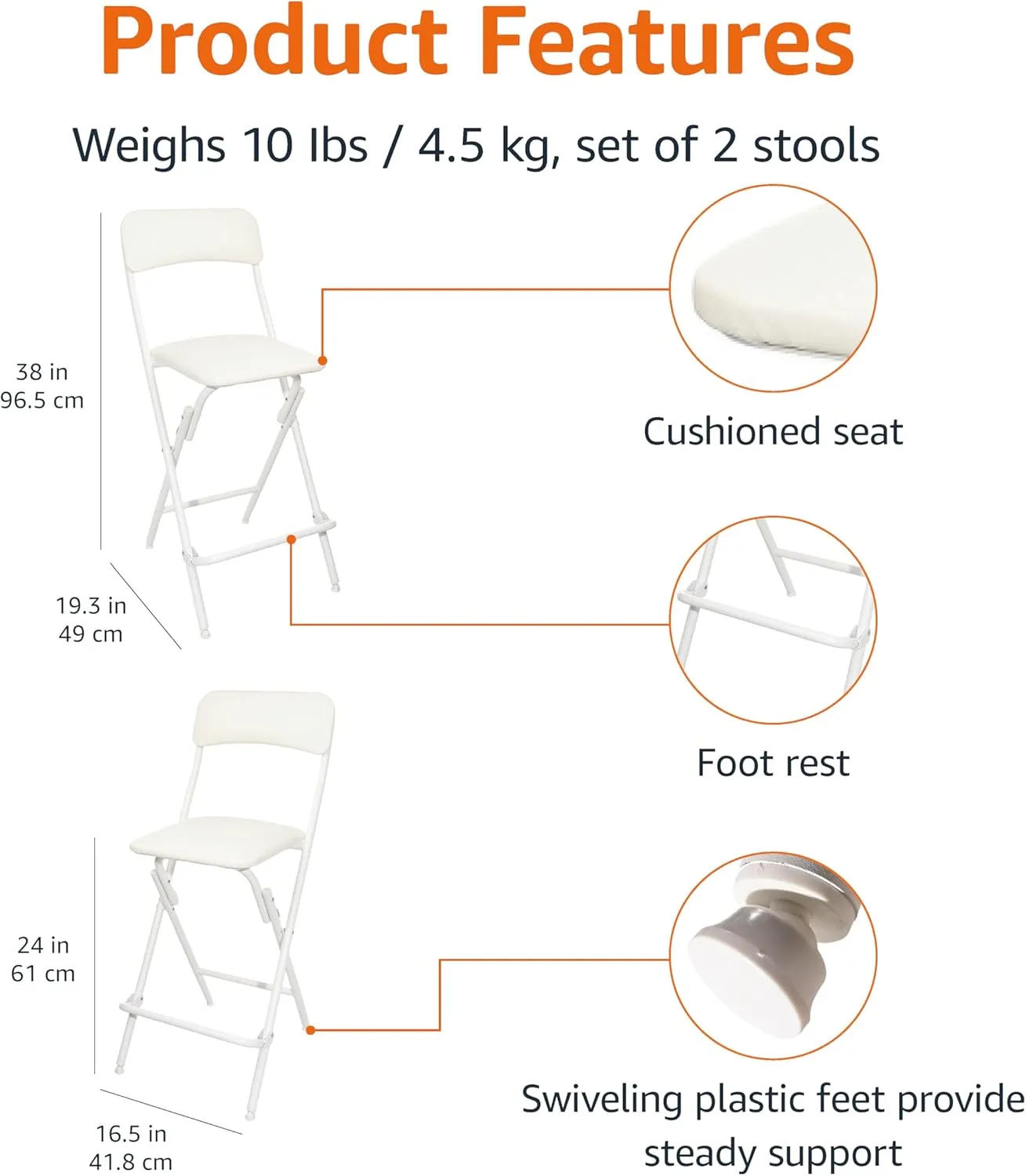 Amazon Basics Folding Stool with footrest, 300lb Capacity, 24" Height, White, Set of 2