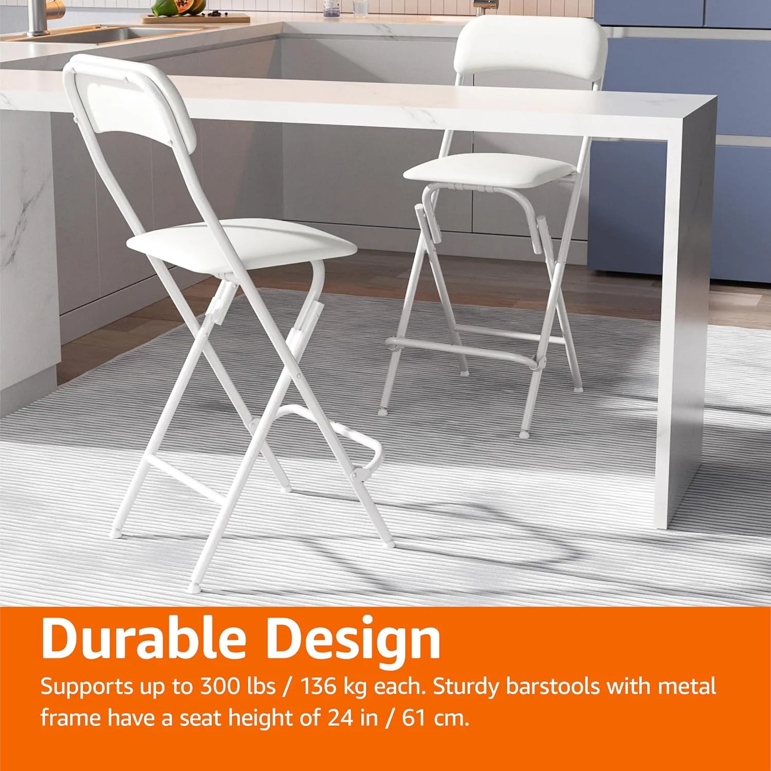 Amazon Basics Folding Stool with footrest, 300lb Capacity, 24" Height, White, Set of 2